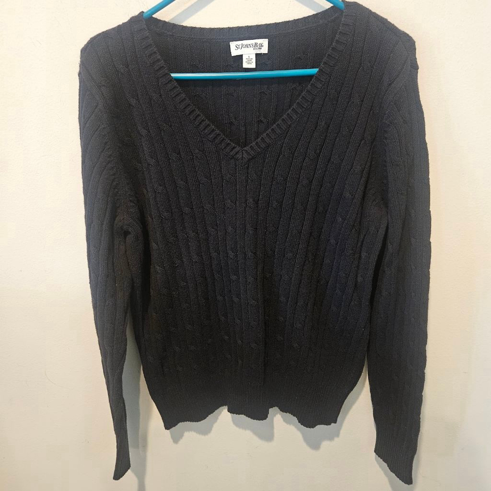 Women's St. John's Bay Black Cable Knit V-Neck Sweater L